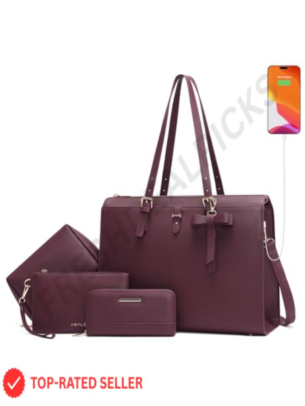 Large PU Leather Laptop Tote Bag with USB Charging Port for 15.6" Laptop
